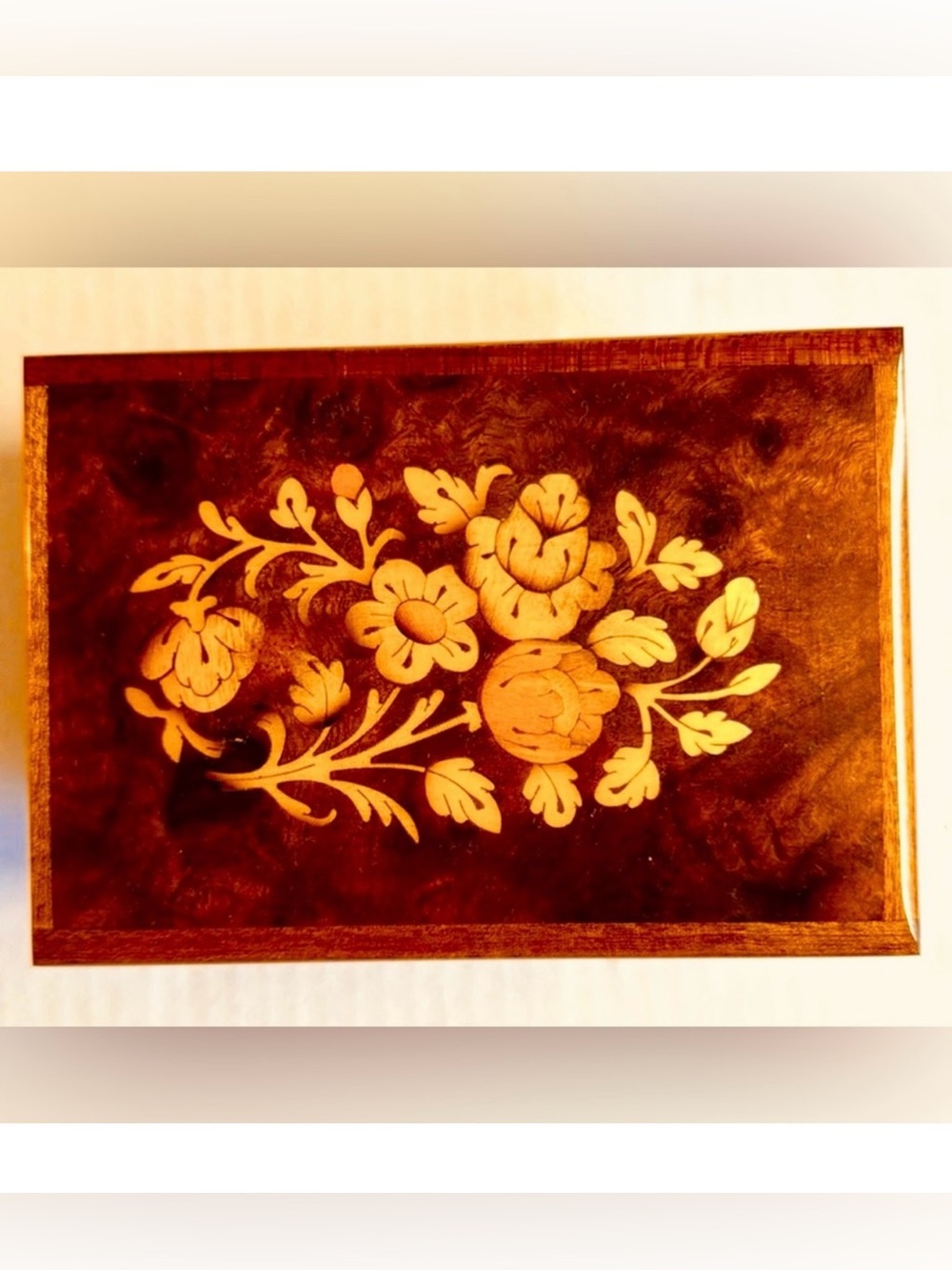 Vtg Mapsa Swiss brown wood music/jewelry box.Plays Theme from Dr.Zhivago.
